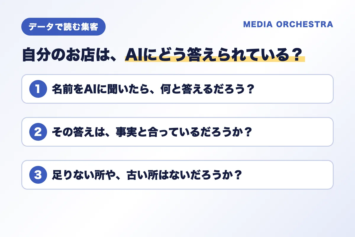 自分のお店は、AIにどう答えられている？（名前を聞いたら何と答えるか、事実と合っているか、足りない所や古い所はないか）